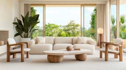 Biophilic living room featuring a neutral toned boucle sofa, a raw travertine coffee table, sculptural wooden chairs, floor to ceiling indoor plants