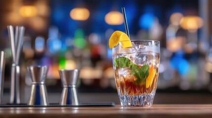 Refreshing cocktails with citrus and mint garnish on bar counter