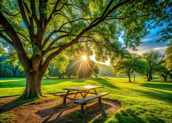 Panoramic Park Picnic, Lush Trees, Tranquil Scene