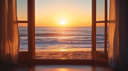 Fototapeta premium Open Door Reveals Sunrise Ocean Beach View