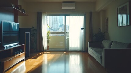 Modern Living Room With Large Windows and Minimalist Decor, Showcasing Natural Light and Sleek Furniture in a Contemporary Setting