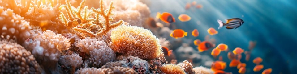 Naklejka premium Vibrant coral reef teeming with life. Sunlight illuminates the scene, highlighting the diverse colors and textures.
