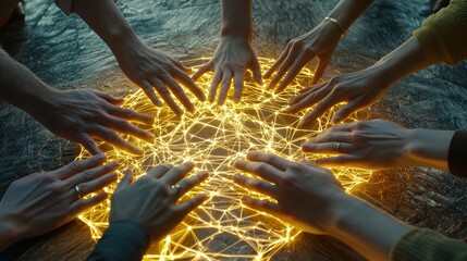 Hands Connecting Over Bright Network of Lights on Wooden Surface