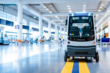 Fototapeta premium A sleek, high-tech electric shuttle bus inside a futuristic transit hub, featuring a cutting-edge design, spacious interiors, and advanced transportation technology.