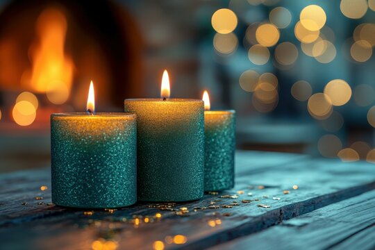 Happy St. Patrick&acirc;&euro;&trade;s Day Background, St. Patrick&acirc;&euro;&trade;s Day candles in green and gold holders, placed on a rustic wooden table in front of a traditional Irish fireplace, soft glowing green and golden 