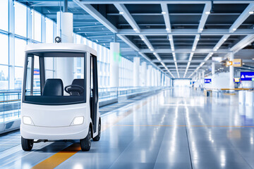 Fototapeta premium A high-tech electric vehicle moving through a bright and spacious airport terminal, reflecting the future of autonomous transport in public spaces with cutting-edge design.