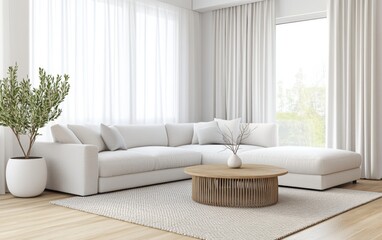 Living room with a modern Scandinavian aesthetic, a plush oversized linen sectional, a natural wool rug, sculptural ceramic vases, and floor
