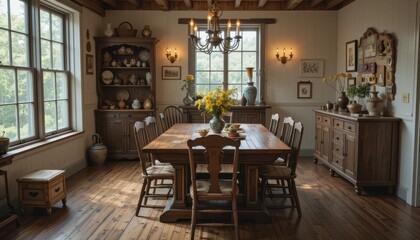 Fototapeta premium Cozy farmhouse dining room with wooden furniture and natural light