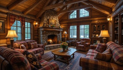 Cozy Rustic Living Room with Stone Fireplace and Wooden Beams