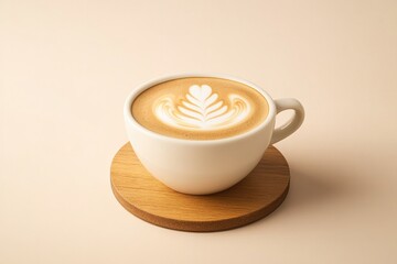 Creamy latte art in white cup atop wooden coaster against soft b