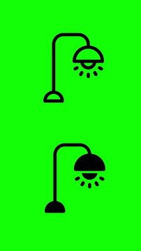 Farolas encendi&eacute;ndose y apag&aacute;ndose en animaci&oacute;n vectorial sobre fondo verde brillante
