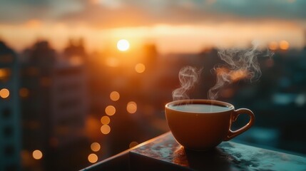 Fototapeta premium Warm Coffee Cup with Steam Against a Beautiful Sunset Background