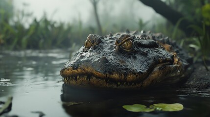 Obraz premium Close-up of a caiman's head in murky swamp water.