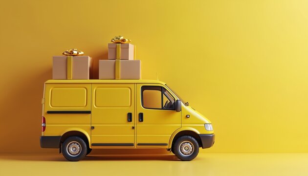 3D illustration of yellow delivery van with gift boxes on roof in studio on yellow background. National Free Shipping Day concept for promotion of shopping, retail, e-business. Fast offer service.
