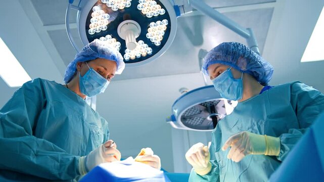 Two female medics working at operation. Low angle view at the doctors starting a surgery. Round lamps at backdrop.