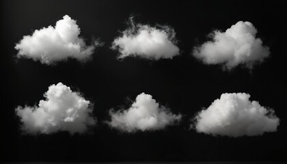 Realistic cloud fog set isolated on black backdrop. Fluffy cloudscape with wispy smoke texture for graphic design, visual effects and weather apps. Perfect for spooky theme.