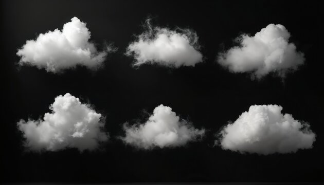 Realistic cloud fog set isolated on black backdrop. Fluffy cloudscape with wispy smoke texture for graphic design, visual effects and weather apps. Perfect for spooky theme.