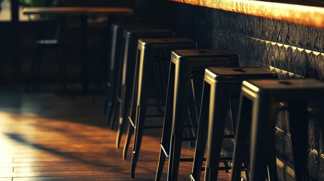 Rustic Bar Interior with Empty Metal Stools and Warm Lighting