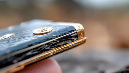 Close-up of a luxury black and gold pocket knife, outdoors, nature background, showcasing craftsmanship. Ideal for luxury goods advertising
