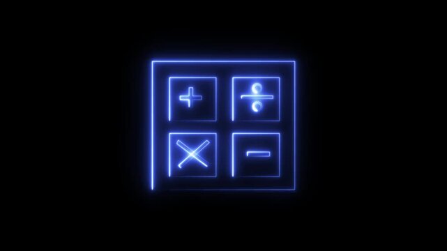 Neon calculator icon. Neon numerical solution calculator on black background.
