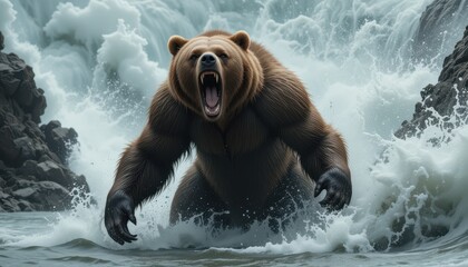 Naklejka premium Powerful Grizzly Bear Roaring Near Waterfall Splashes in Nature