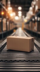 Brown Cardboard Box on Conveyor Belt in Warehouse Environment
