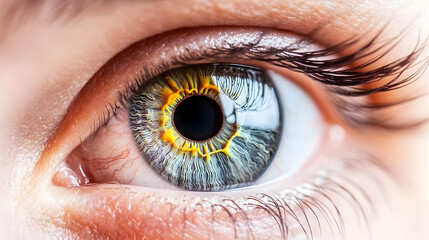 Fototapeta premium Close-up of a human eye, showcasing intricate details of the iris and pupil. The background is blurred, focusing attention on the eye's texture and color. Ideal for medical, ophthalmology, or science
