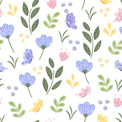Seamless pattern of butterflies and flowers on a white background.