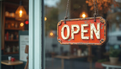 Vintage open sign hangs on glass cafe door. Retro sign welcomes clients to local eatery. Light shines thru window of coffee shop, bar inviting guests to enter.