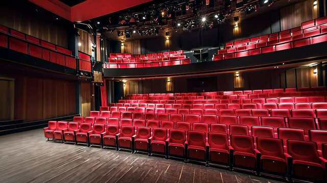 Intimate theater setup with red seats ready for an engaging performance in a modern space