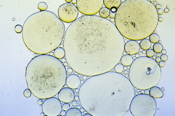 Yellow bubbles of oil. Experience between art and biology. Imitation of cells on colored background. Gradient background from yellow to purple. Macro photography of water and oil drops. 