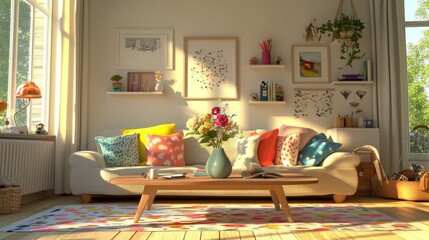 Cozy Living Room Setup With Colorful Decor and Bright Sunlight Illuminating the Space in a Modern Apartment During the Afternoon