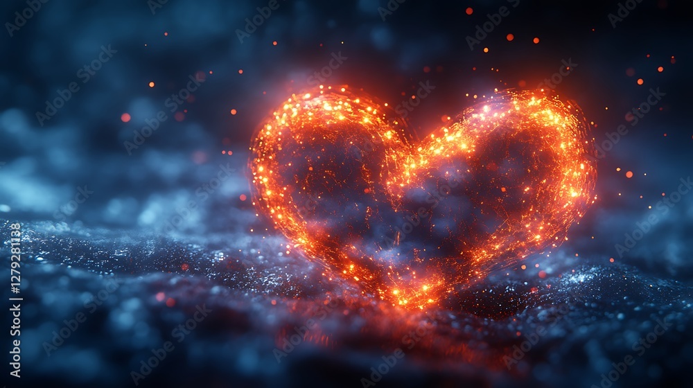 Wall mural digital heart shape with futuristic light effects and floating particles