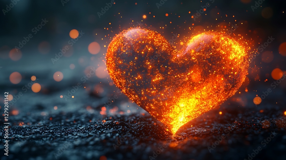 Wall mural digital heart shape with futuristic light effects and floating particles
