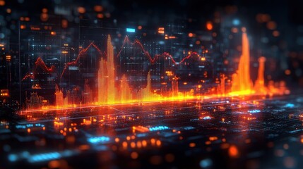 Vibrant digital data visualization with glowing graphs and cityscape in the background