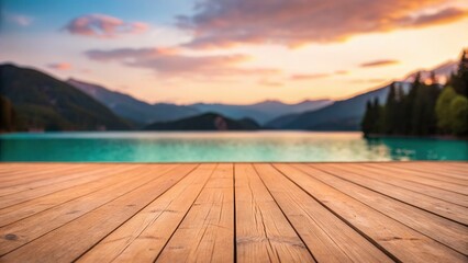 Fototapeta premium Wooden floor with blur turquoise color lake and mountain background in sunset time represent relaxing mood