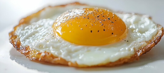 Close-up of a perfectly fried egg with pepper, sunny-side up, on a white plate.  Ideal for breakfast food blogs or recipe websites