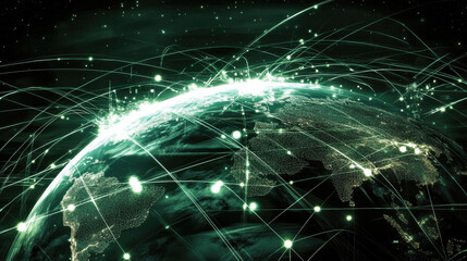 A mesmerizing digital visualization of Earth, showcasing vibrant green lines representing data flow and global connectivity.