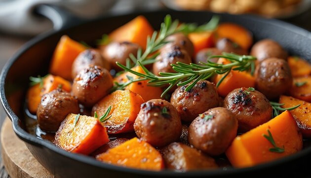 Close-up of skillet meal with cooked sweet potato chunks, sausage balls, fresh rosemary. Savory autumn dinner with healthy seasonal vegetables. Food concept for quick recipes.