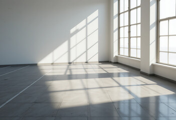 Modern interior with sunlight casting shadows on tiled floor, white empty room with large windows and a clean wall. 3D Rendering
