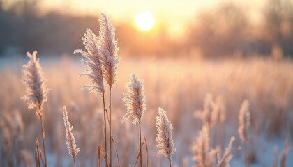 Fototapeta premium Winter landscape featuring common reed grass covered with frost, glaze. Bright sunlight with sun bokeh. Dry reed plants in frozen snow field at bright sunset.