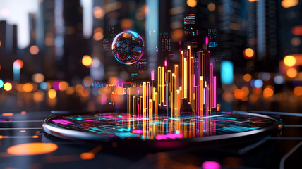 Abstract Digital Data Visualization with Vibrant Colors and Glowing Effects over a Cityscape Background