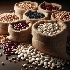 Fototapeta premium Several burlap sacks are overflowing with different types of beans and legumes.&nbsp; 