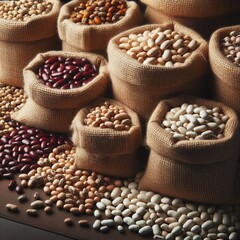 Fototapeta premium Several burlap sacks are overflowing with different types of beans and legumes.&nbsp; 