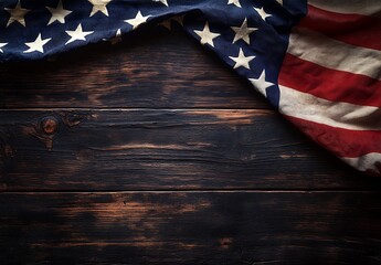 American Flag on Rustic Wood A Patriotic Image of the Stars and Stripes on a Dark, Weathered Wooden Surface with Copy Space