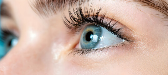 Naklejka premium Close-up of a young woman's eye, looking off to the side, with long eyelashes; soft background. Ideal for beauty, vision, or healthcare advertising