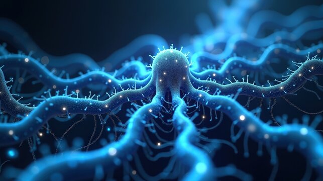 "3D Rendering of a glowing neural network in bloom, branching synapses flowing like a cybernetic tree, electric-blue data paths pulsing across an infinite digital grid.