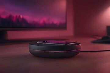 Mobile Phone Wireless Charging On Sleek Black Charger with a Table Desk and Pink Hue