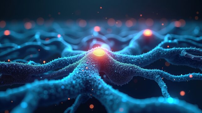"3D Rendering of a glowing neural network in bloom, branching synapses flowing like a cybernetic tree, electric-blue data paths pulsing across an infinite digital grid.