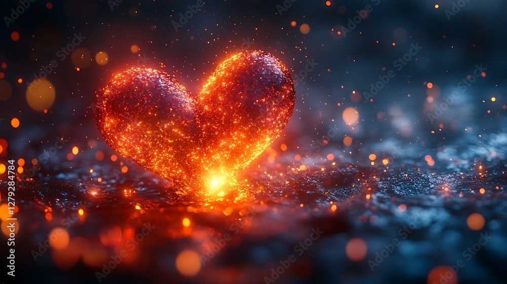 Wall mural shiny abstract heart shape surrounded by floating light particles